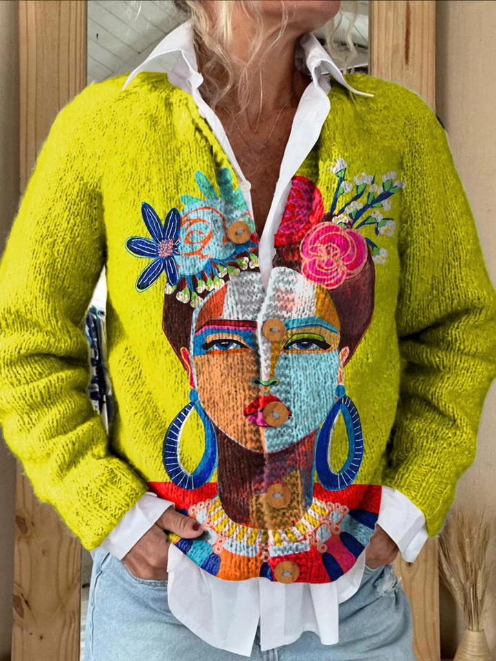 Oil Painting Freda Portrait Art Printed Buttoned Cardigan