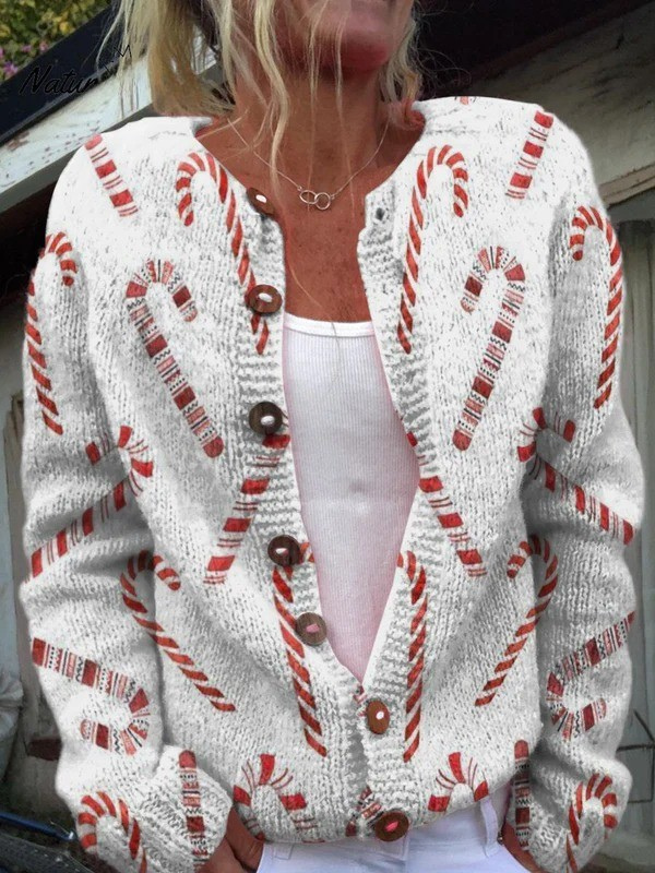 Festive Candy Cane Decorative Pattern Buttoned Cardigan