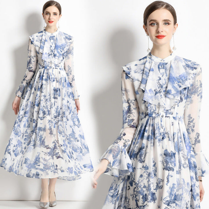 Aeris - Elegant Ink Print Dress