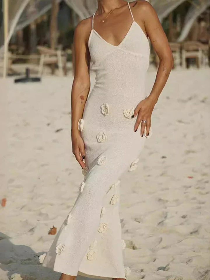 Mireille - Deep-V Neck Flower Knitted Bodycon Dress